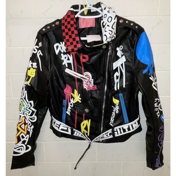 Azalea Wang Make Art Graffiti Moto Jacket Size Large Black Multi - Picture 1 of 11